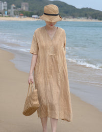 Vintage Relaxed Fit Summer V-Neck Linen Midi Dress