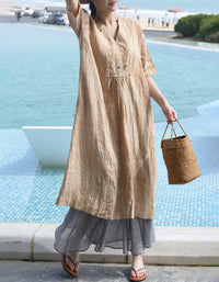 Vintage Relaxed Fit Summer V-Neck Linen Midi Dress