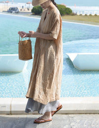 Vintage Relaxed Fit Summer V-Neck Linen Midi Dress