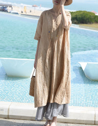 Vintage Relaxed Fit Summer V-Neck Linen Midi Dress