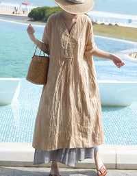 Vintage Relaxed Fit Summer V-Neck Linen Midi Dress