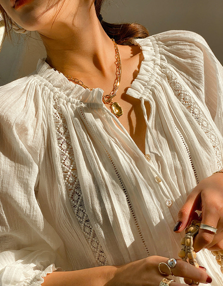 Vintage Retro-Inspired Lace White Cotton Shirt