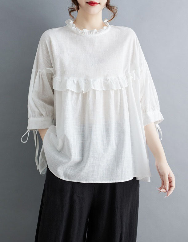 White loose fit blouse with ruffle trim