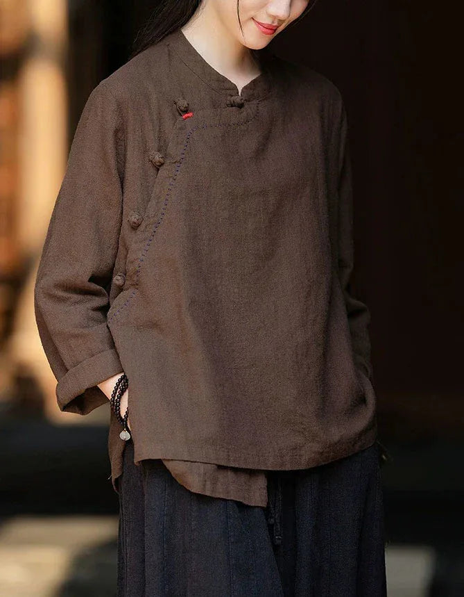 Vintage Side Button Long Sleeve Casual Linen Shirt - Islinen