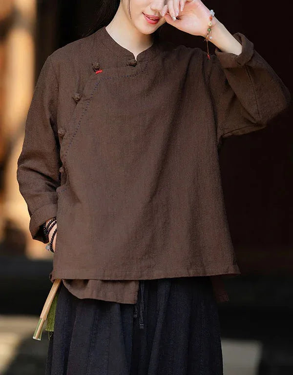 Vintage Side Button Long Sleeve Casual Linen Shirt - Islinen