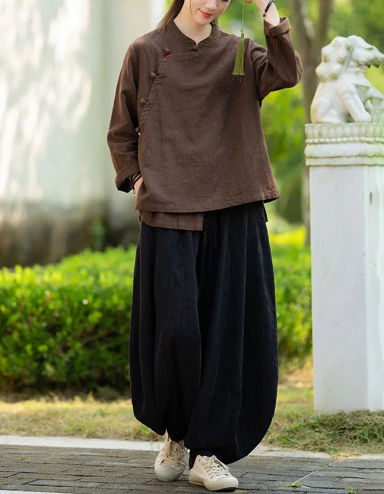 Vintage Side Button Long Sleeve Casual Linen Shirt - Islinen