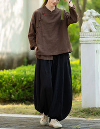 Vintage Side Button Long Sleeve Casual Linen Shirt - Islinen