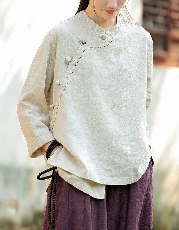 Vintage Side Button Long Sleeve Casual Linen Shirt - Islinen