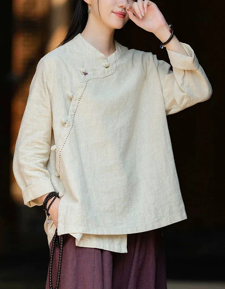 Vintage Side Button Long Sleeve Casual Linen Shirt - Islinen