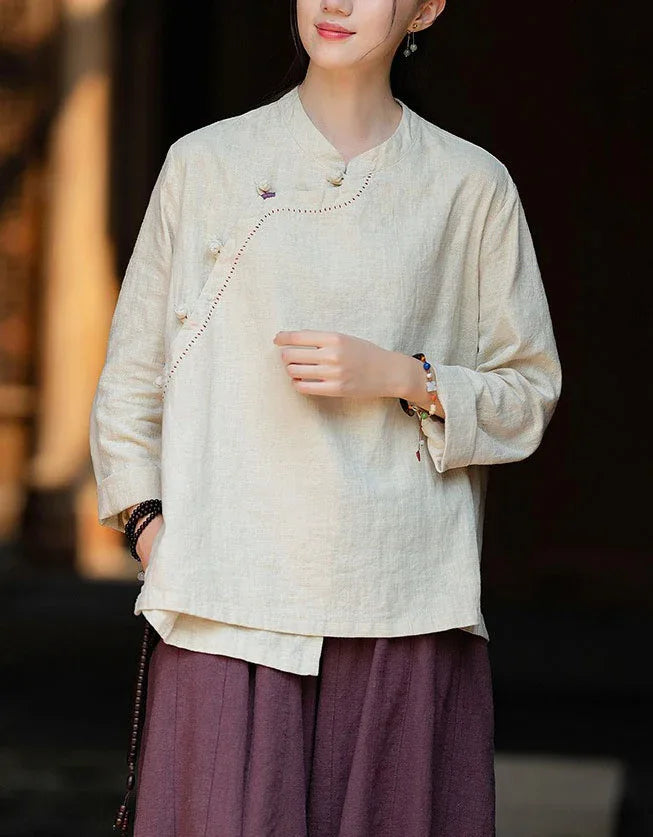 Vintage Side Button Long Sleeve Casual Linen Shirt - Islinen