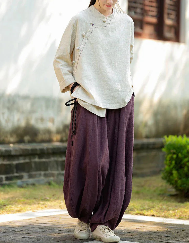 Vintage Side Button Long Sleeve Casual Linen Shirt - Islinen