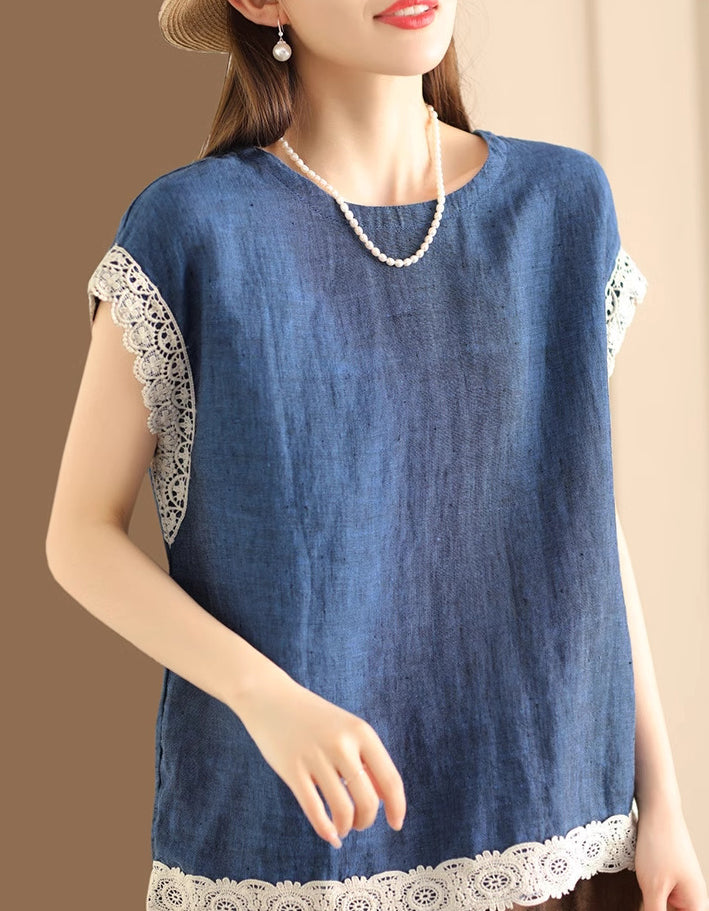Vintage Sleeveless Lace Trim Cotton Linen Blouse