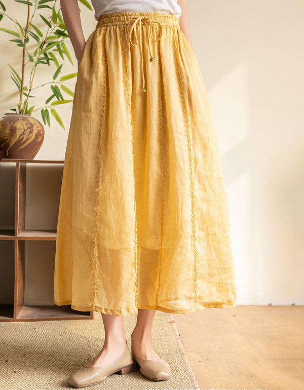 Women Pink Linen A-Line Skirt Elastic Waist Long