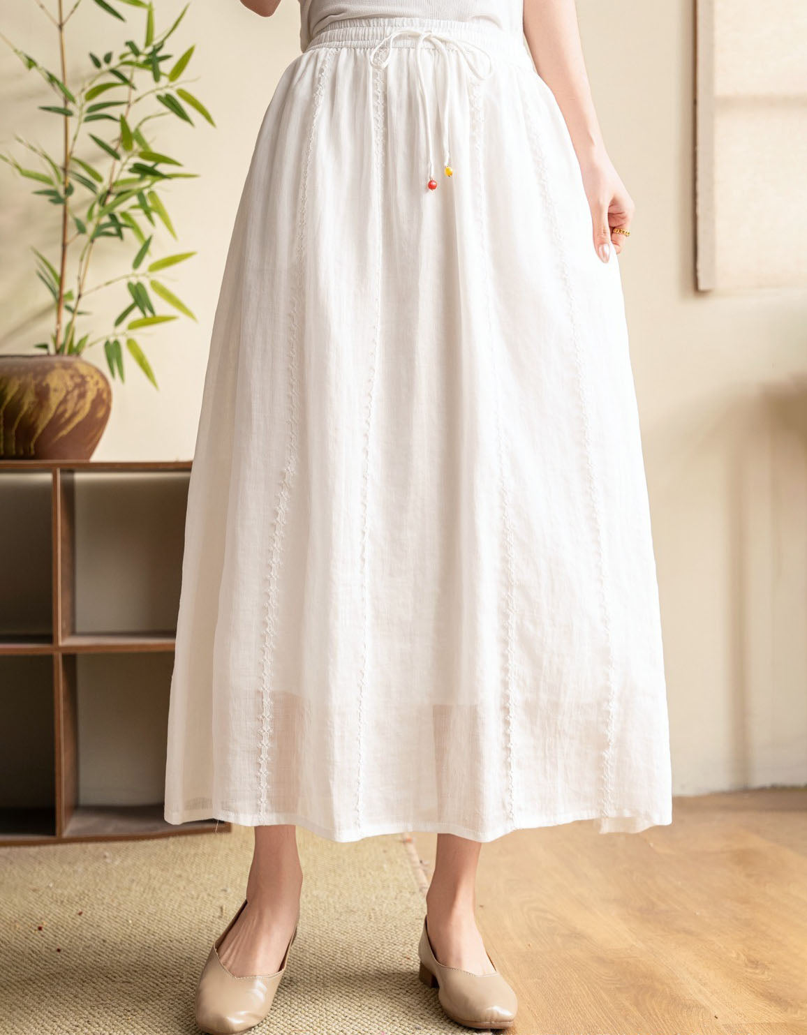 Vintage White Linen Maxi Skirt Elastic Waist Women