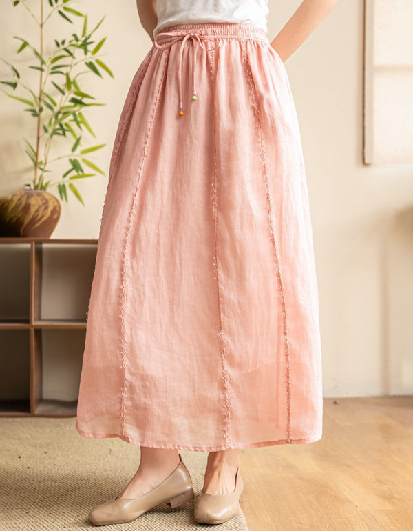 Pink Linen Maxi Skirt High Waist Elastic Summer