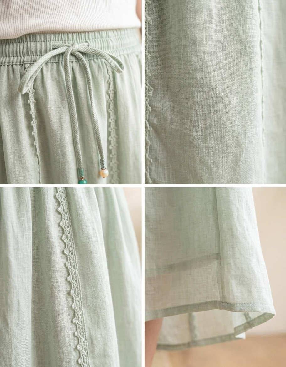 Breathable Green Linen Long Skirt Casual Summer