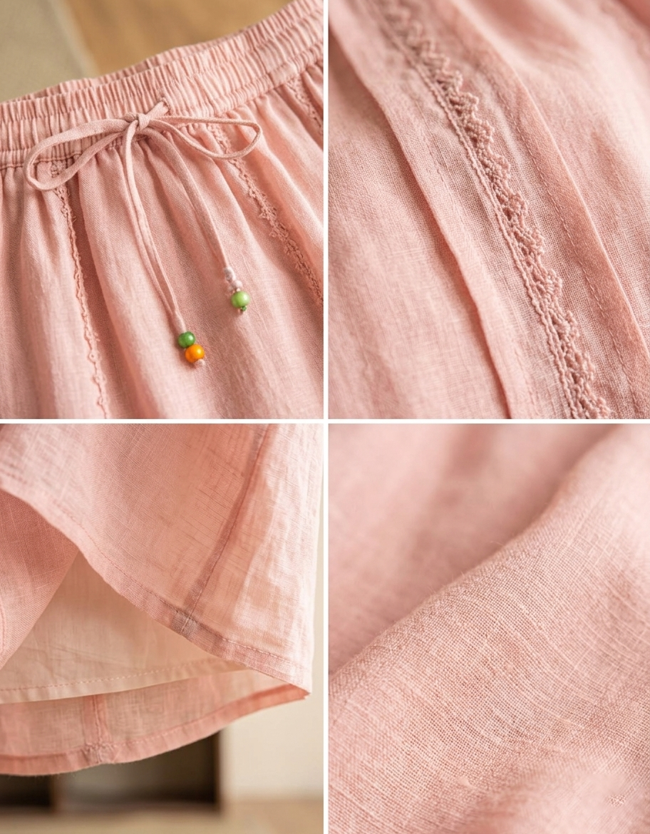 Details of Breathable Pink Linen Long Skirt Casual Summer