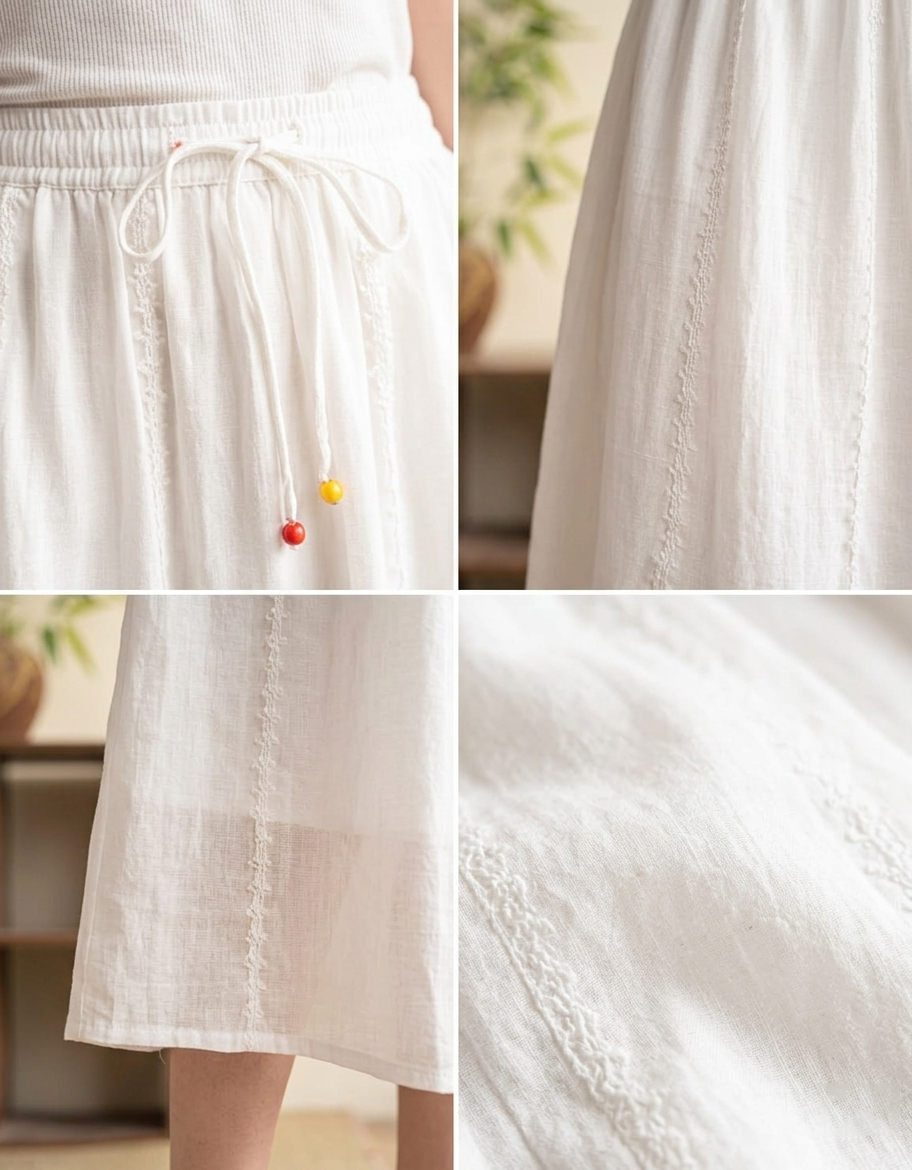 Details of Breathable White Linen Long Skirt Casual Summer