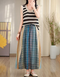 Vintage Soft Multicolor High Waist Cotton Linen Maxi Skirt