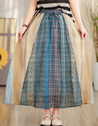 Vintage Soft Multicolor High Waist Cotton Linen Maxi Skirt