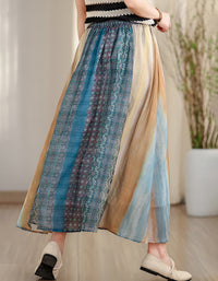 Vintage Soft Multicolor High Waist Cotton Linen Maxi Skirt