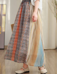 Vintage Soft Multicolor High Waist Cotton Linen Maxi Skirt