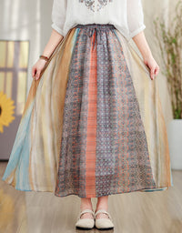 Vintage Soft Multicolor High Waist Cotton Linen Maxi Skirt