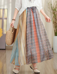 Vintage Soft Multicolor High Waist Cotton Linen Maxi Skirt