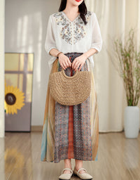 Vintage Soft Multicolor High Waist Cotton Linen Maxi Skirt