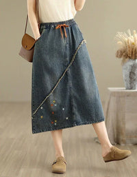 Vintage Star Embroidered Casual Denim Midi Skirt - Islinen
