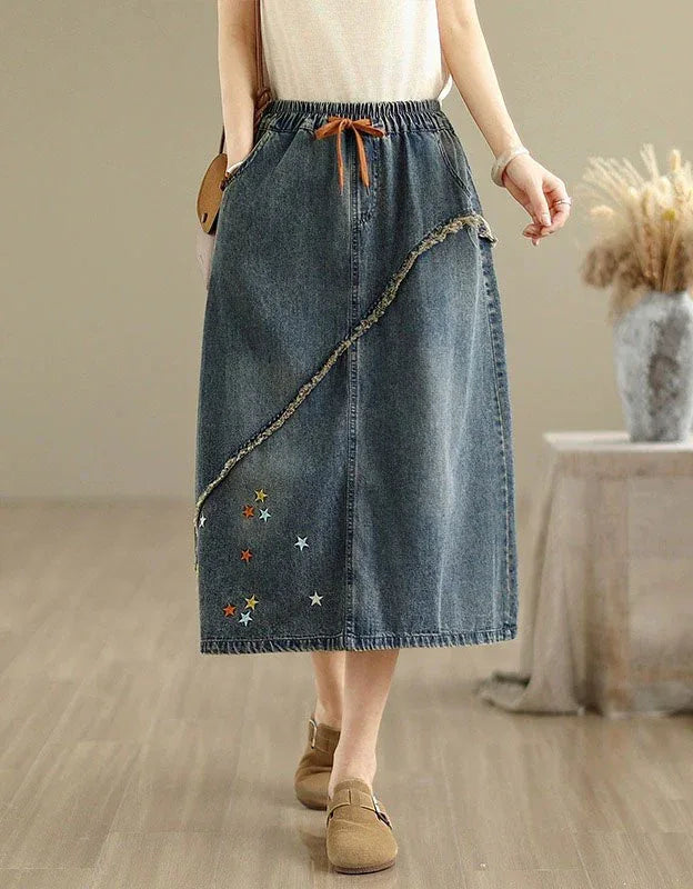 Vintage Star Embroidered Casual Denim Midi Skirt - Islinen