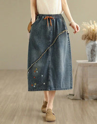 Vintage Star Embroidered Casual Denim Midi Skirt - Islinen