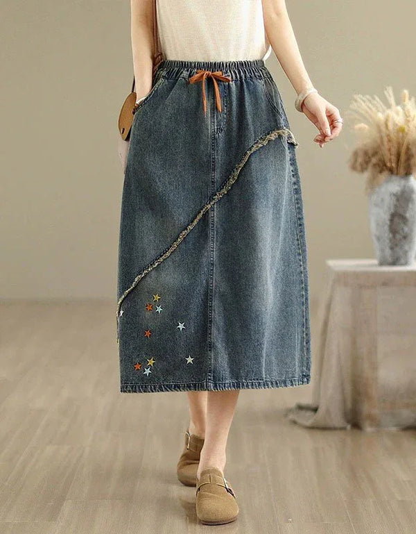 Vintage Star Embroidered Casual Denim Midi Skirt - Islinen