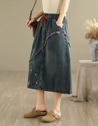Vintage Star Embroidered Casual Denim Midi Skirt - Islinen