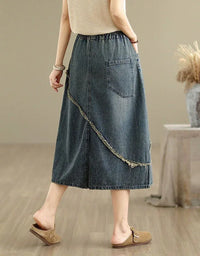 Vintage Star Embroidered Casual Denim Midi Skirt - Islinen