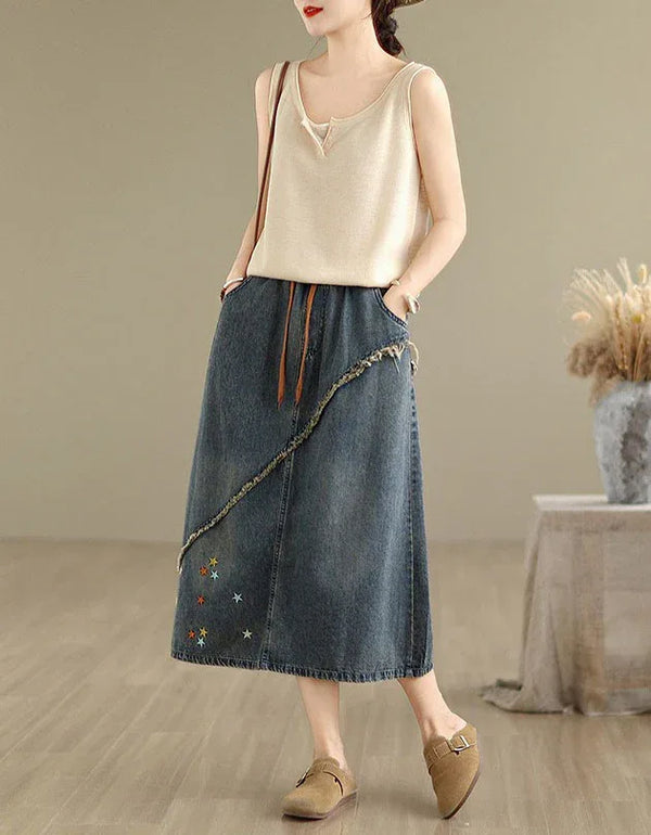 Vintage Star Embroidered Casual Denim Midi Skirt - Islinen
