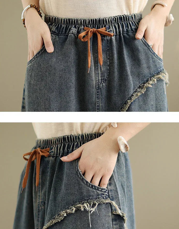 Vintage Star Embroidered Casual Denim Midi Skirt - Islinen