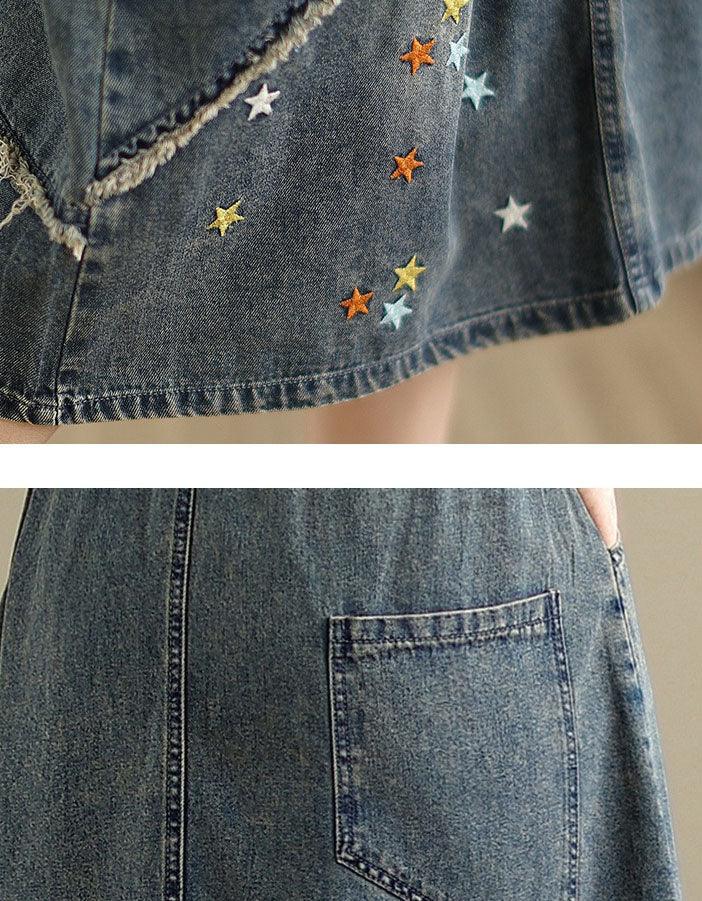 Vintage Star Embroidered Casual Denim Midi Skirt - Islinen
