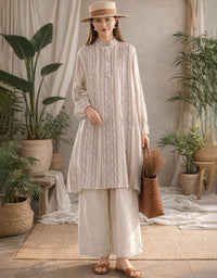Woman wearing vintage stripe linen tunic dress