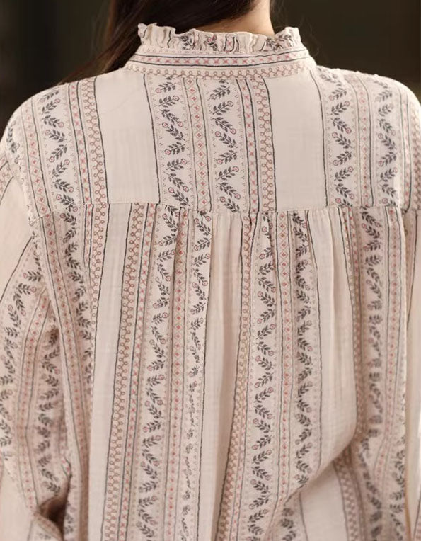 Back view of woman wearing vintage stripe linen tunic dress