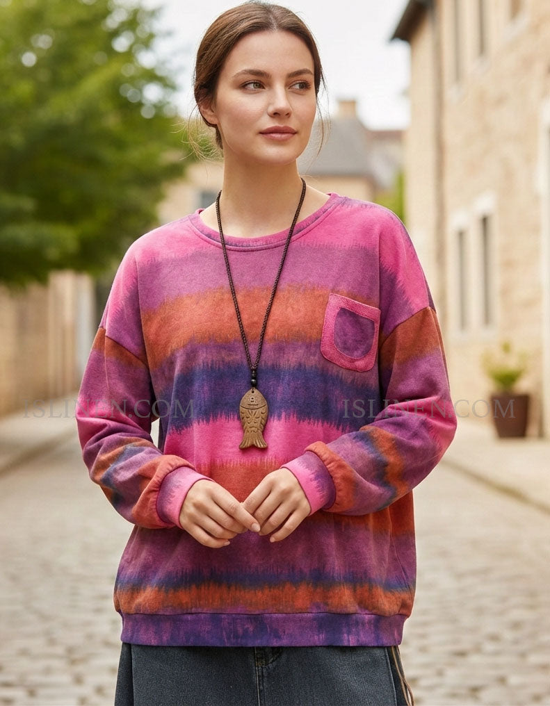 Vintage stripe boho pullover sweatshirt for women pink