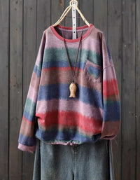 Women’s cozy vintage striped sweatshirt lifestyle outfit purple