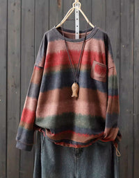 Women’s cozy vintage striped sweatshirt lifestyle outfit coffee