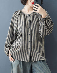 Vintage striped linen shirt women relaxed fit