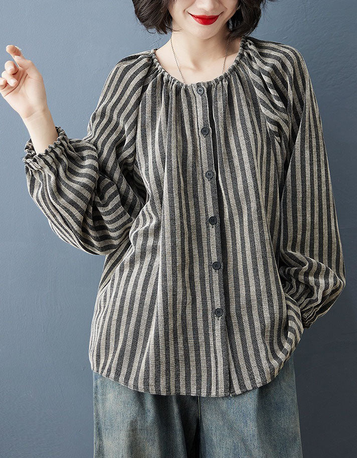 Breathable linen stripe blouse women casual wear 