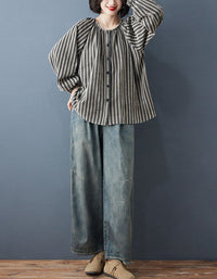 Women’s striped linen blouse with button front and long sleeves front view