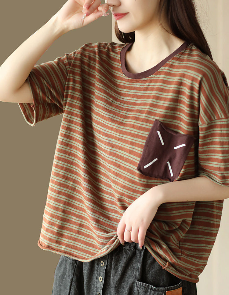 Vintage Striped Loose Fit Cotton Linen T-Shirt