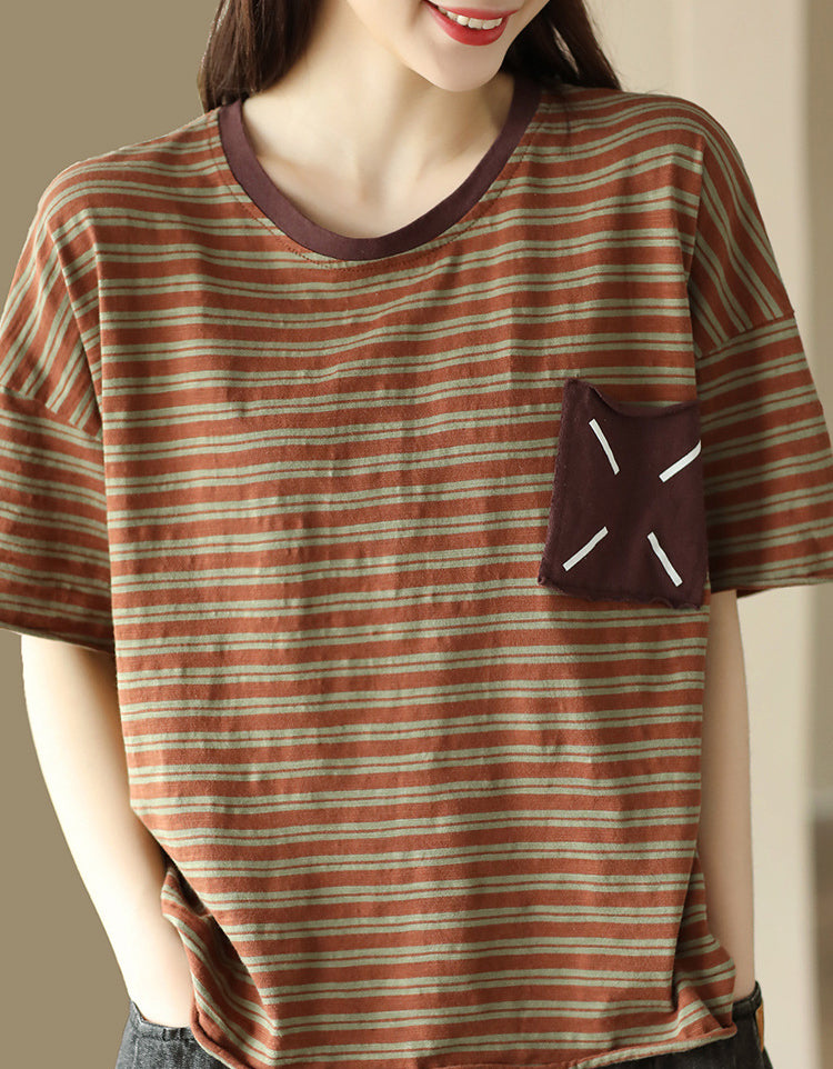Vintage Striped Loose Fit Cotton Linen T-Shirt