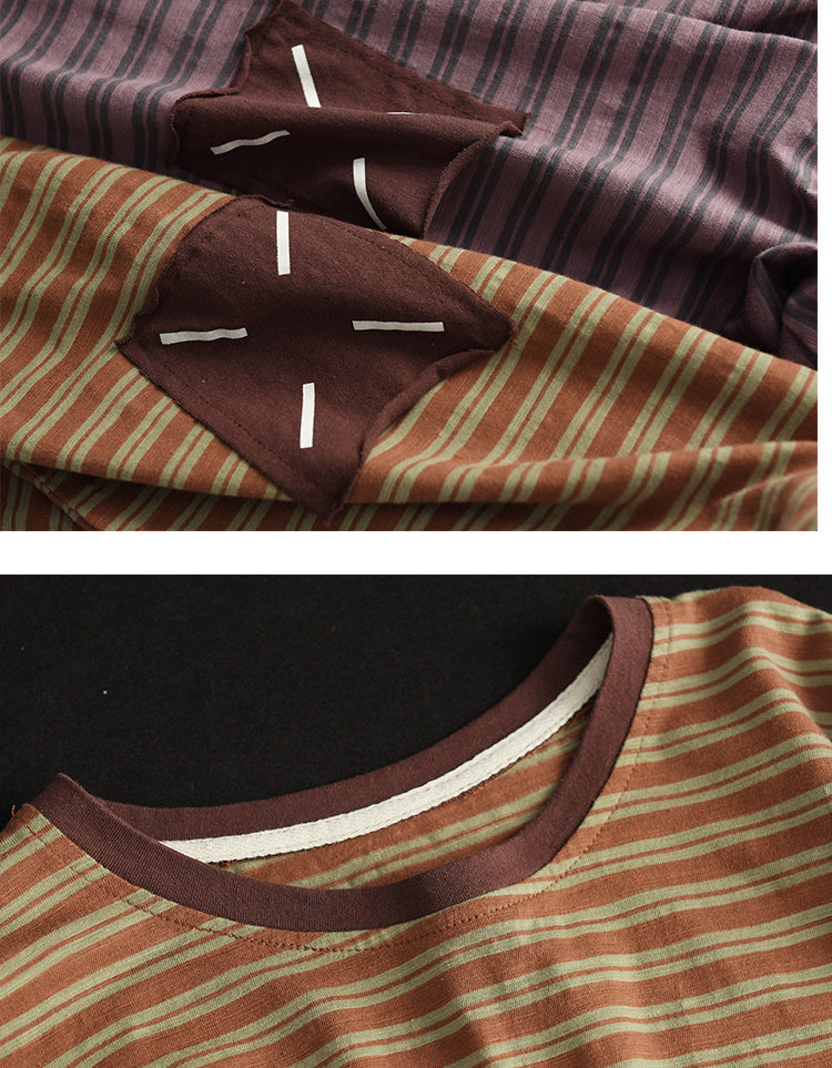 Vintage Striped Loose Fit Cotton Linen T-Shirt