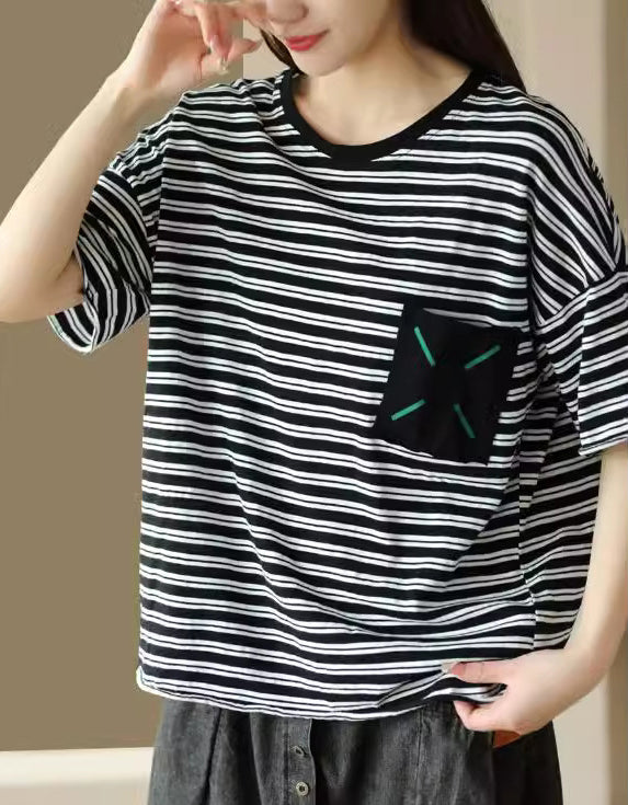Vintage Striped Loose Fit Cotton Linen T-Shirt